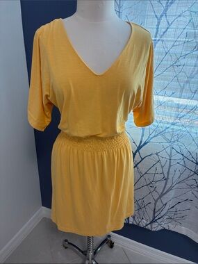 White House Black Market Yellow V-Neck Smocked Waist Dress